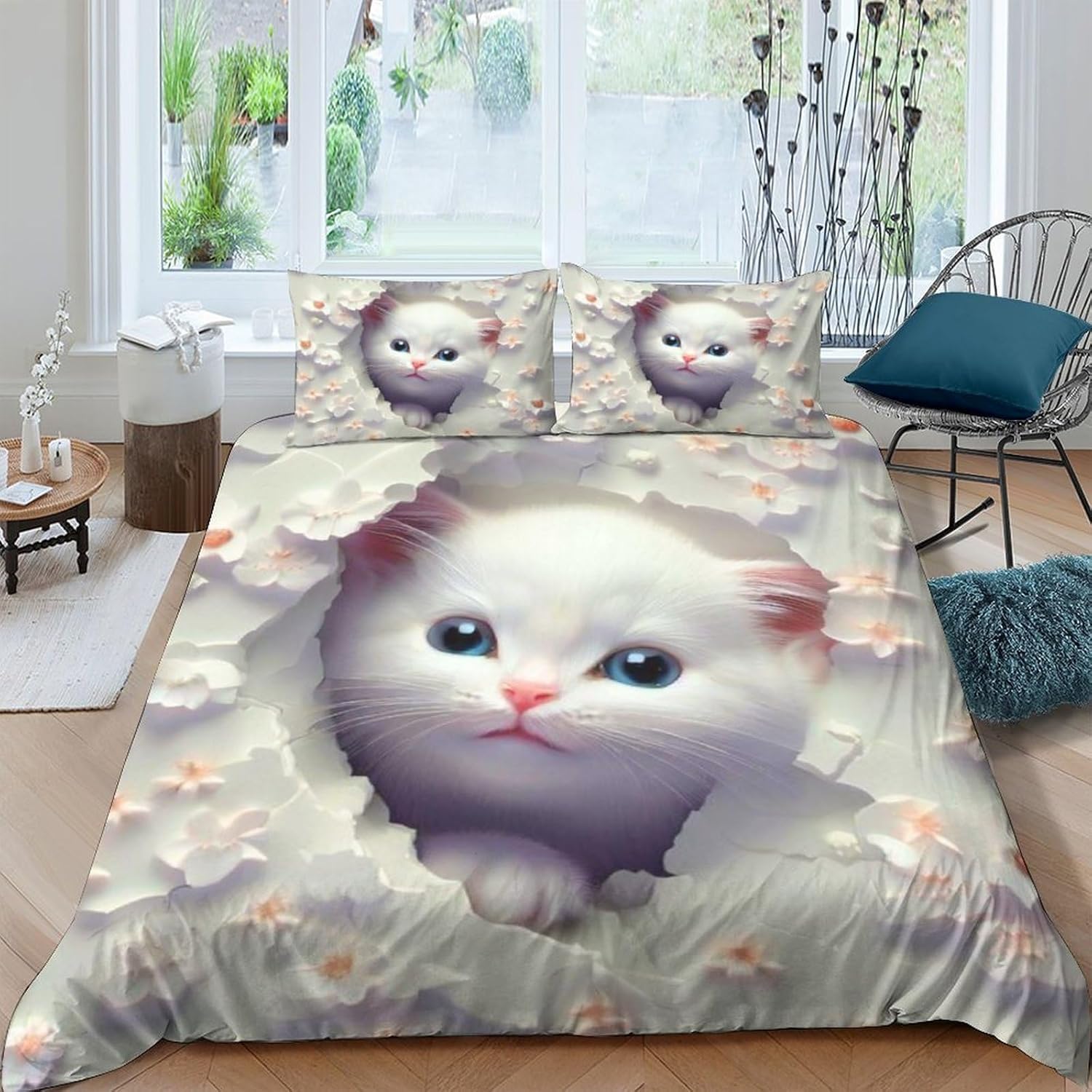 Housse de couette chat 240x220 cm en microfibre avec 2 taies d'oreiller pour lit 2 personnes