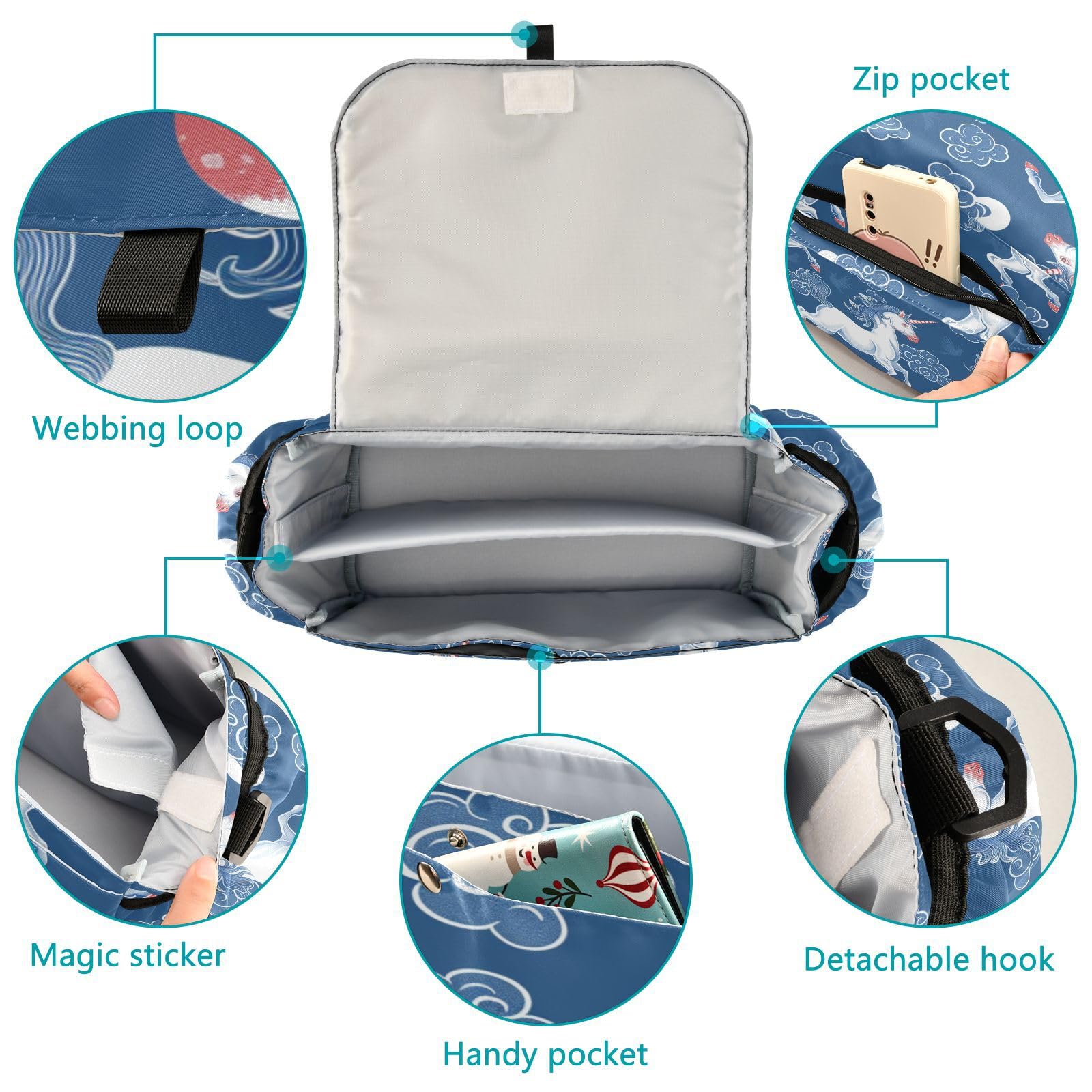 Cute unicorns Blue stroller diaper organizer stroller drink caddy mobile phone gancho para carriola accesorios para coche de