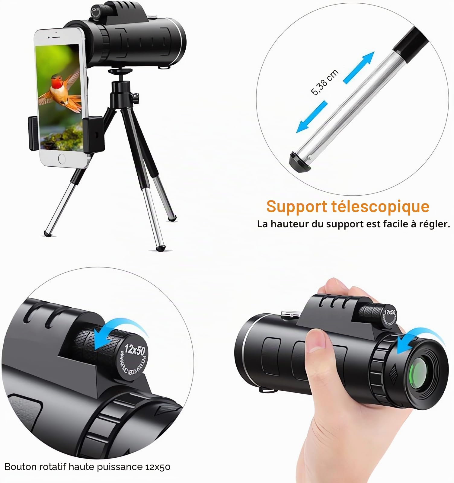 Monocular, Télescope monoculaire 12X50,Telescope Monocular, Monoculaire HD avec Trepied pour Smartphone pour l'Observation des Oiseaux Concerts Chasse