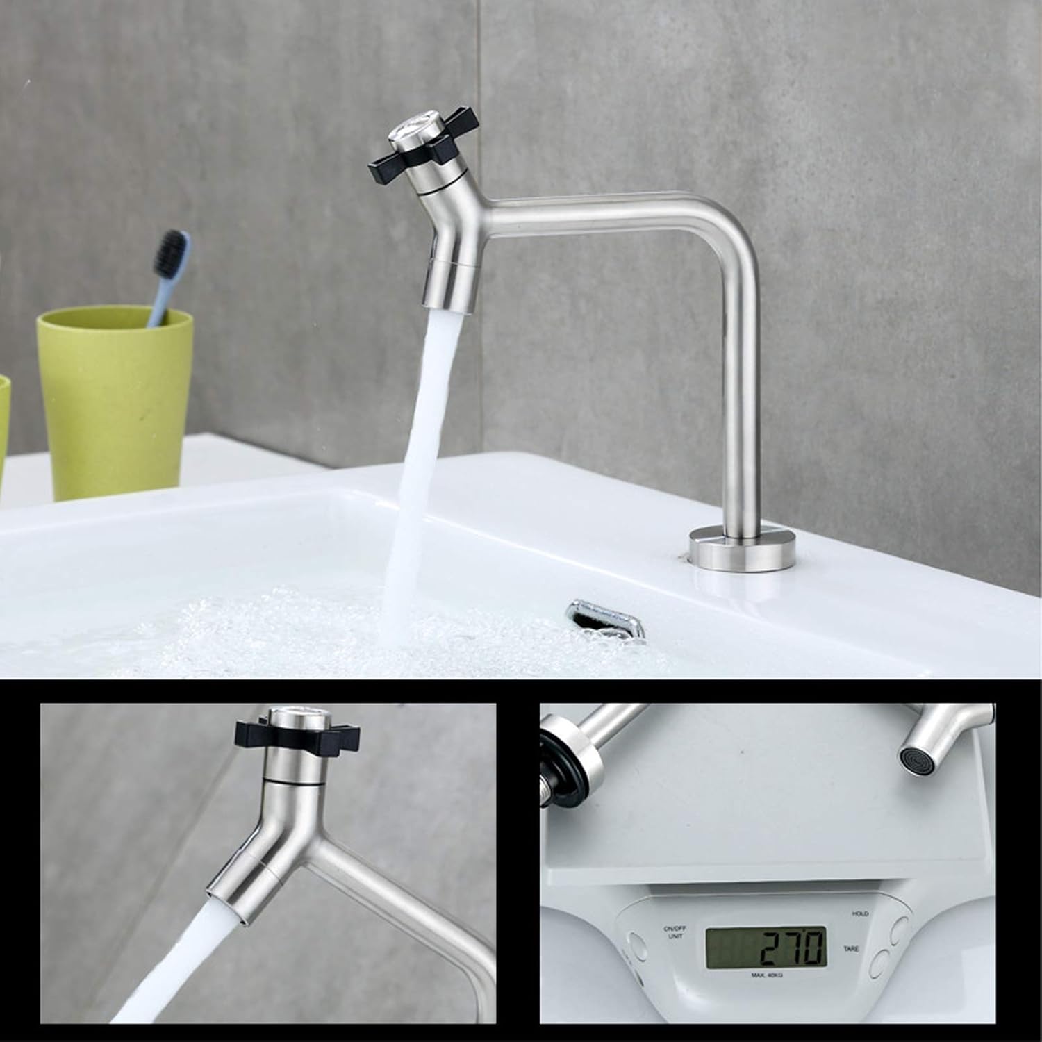 Stainless Steel Single Cold Kitchen Faucet, High Arc Handle Wheel Hole Sink for, Bathroom, Outdoor Garden and Bar, Brushed Nickel,Black(White)
