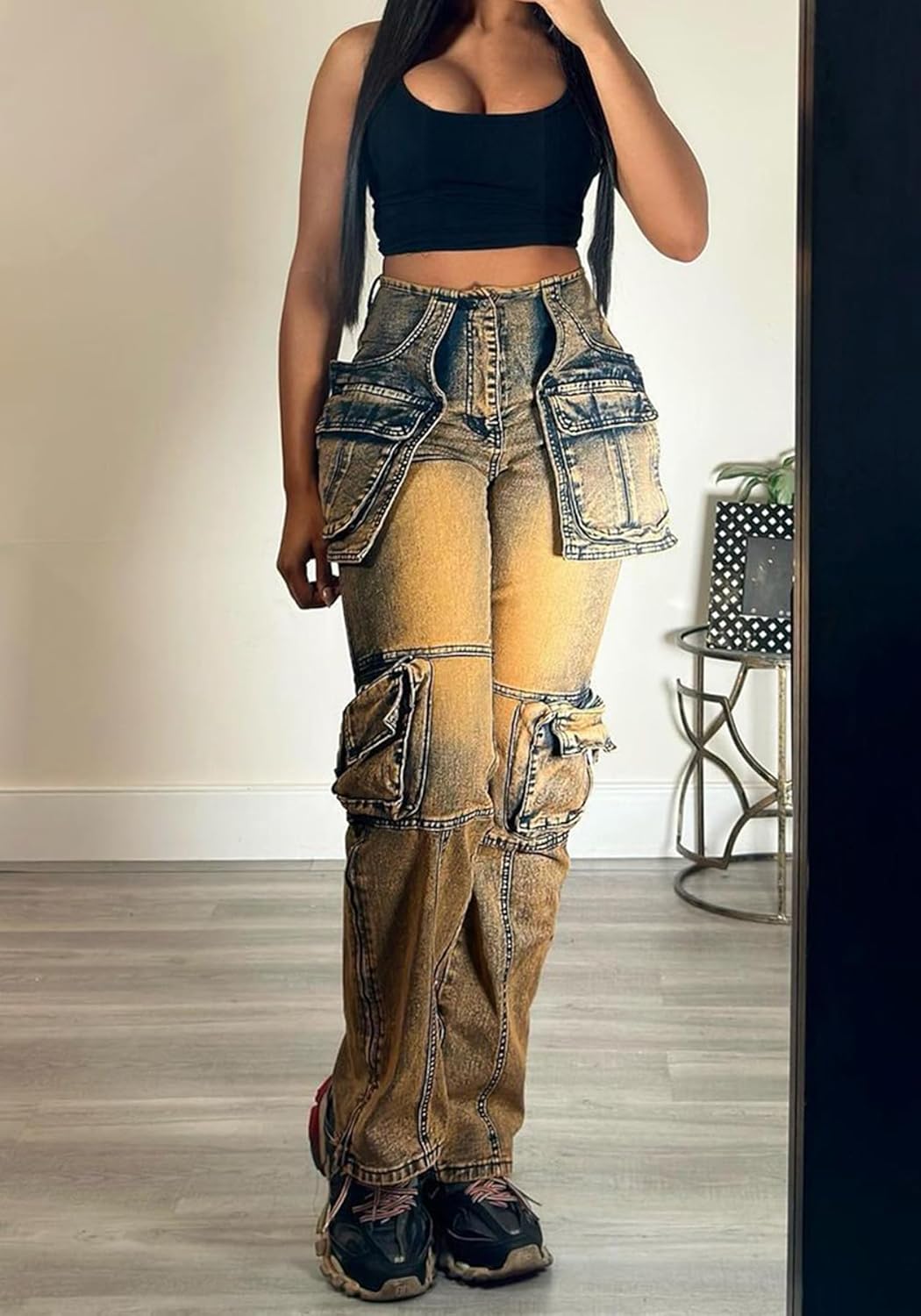 Women's Stretch Cargo Jeans High Waist Straight Leg Side Zipper Split Denim Pants with Pockets Streetwear Y2k