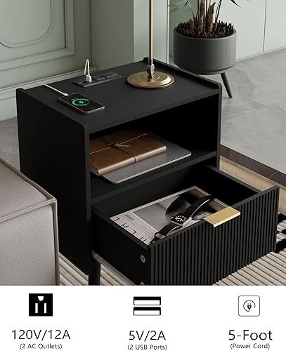 Miniatura 4 de Mesita de noche, moderna mesita de noche con cajón de almacenamiento y estante de madera abierta, mesita de noche decorativa con patas de madera