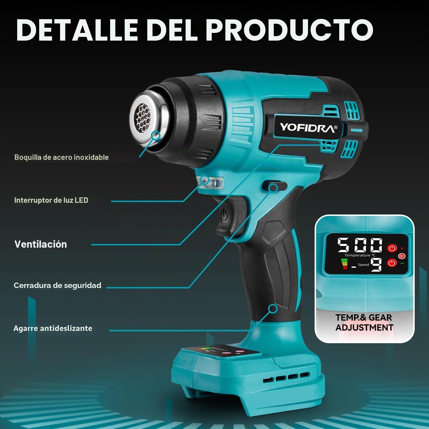 Yofidra Pistola de Aire Caliente, 500 °C máx., 9 Velocidades, Pistola de Calor a Batería, con Pantalla LCD, 3 Boquillas, 2 Baterías de 3,0 Ah, para Eliminar Pintura, Soldadura y Trabajos de Bricolaje