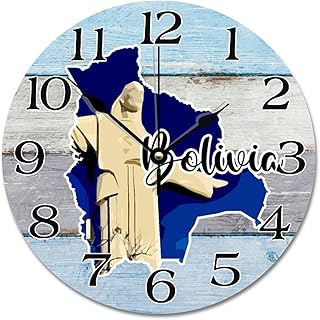 Bolivia Landmark City Landscape Wall Clock Bolivia Map Wooden Wall Clocks Battery Operated 10 Inch Time Clock Modern Home Decor for Bedroom Living Room Kitchen School Office