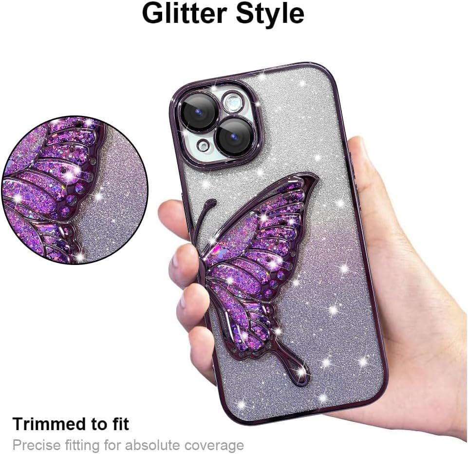 Image of SHINESTAR 3D Butterfly Case for iPhone 15 Cover, Cute Girly Glitter Bling Luxury Back Cover for Women Girls Protective Shockproof Slim Camera Protection for iPhone 15 - Purple