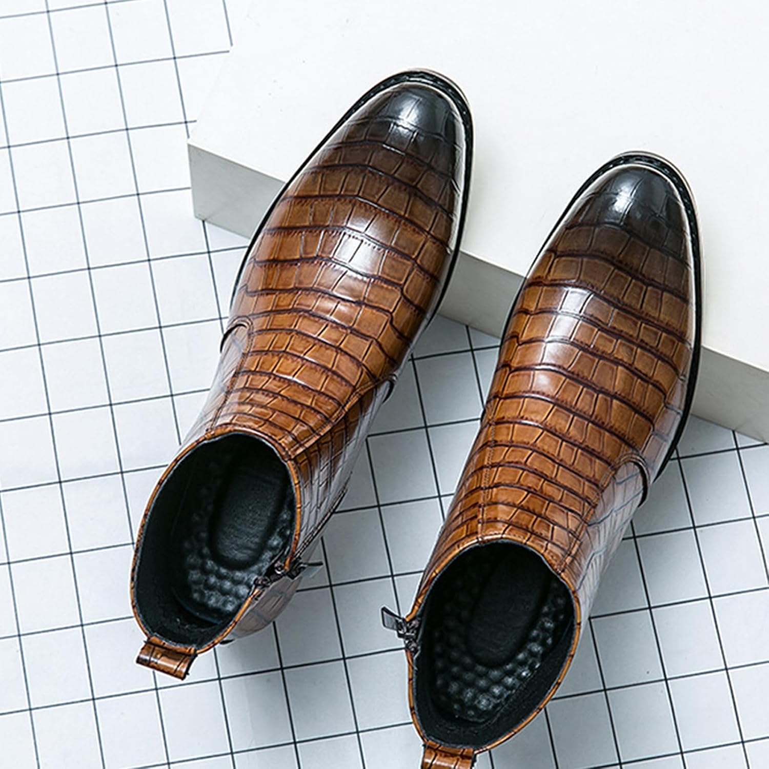 Men's Gradient Patent Leather Print Business Chelsea Boots with Side Zipper, Retro Pointed Toe Low Chunky Heel Non-Slip Formal Short Boots for Business Work Party Ankle Boots