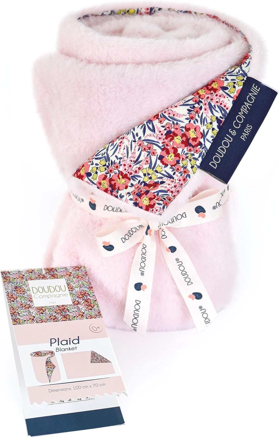 Doudou et Compagnie - Soft Pink and Floral Blanket - Bohemian Fawn Collection - 70 x 100 cm - Front Printed 100% Cotton - Pink Back 100% Plush - Comfort Nap - Baby Gift - DC4036