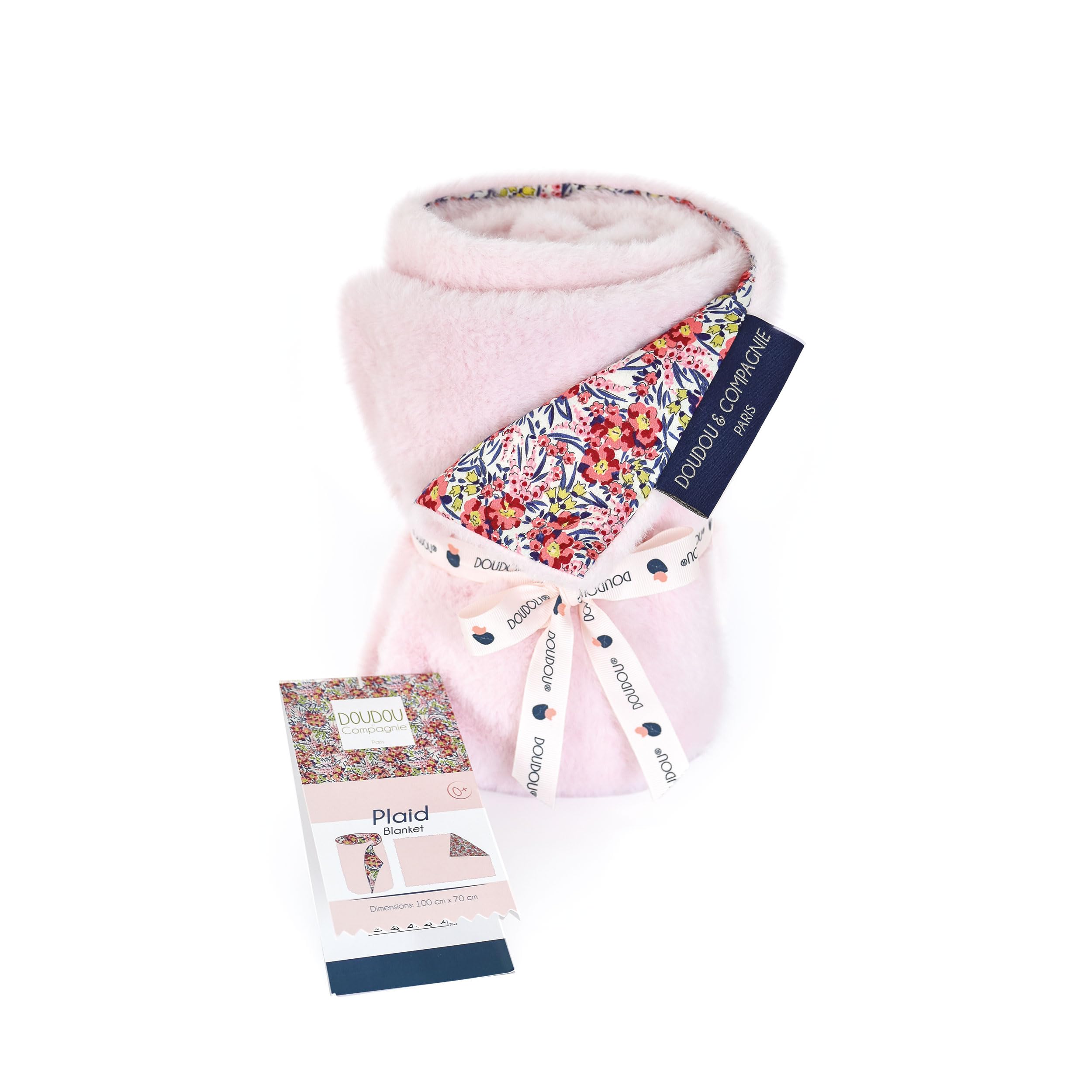 Doudou et Compagnie - Soft Pink and Flowers Blanket - BOH 'aime Maon Collection - 70 x 100 cm - Front Printed 100% Cotton - Back Pink 100% Plush - Nap Comfort - Gift