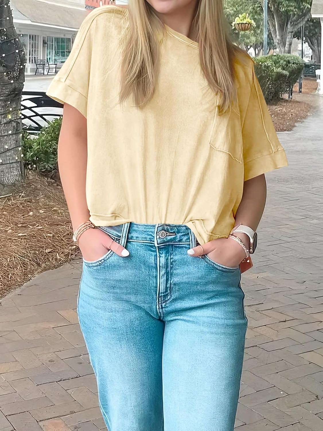 Cicy Bell Womens Summer Cropped T-Shirts Boxy Casual Short Sleeve Crew Neck Tops Acid Wash Cotton Loose Fit Tee Shirts Light Khaki - Image 5