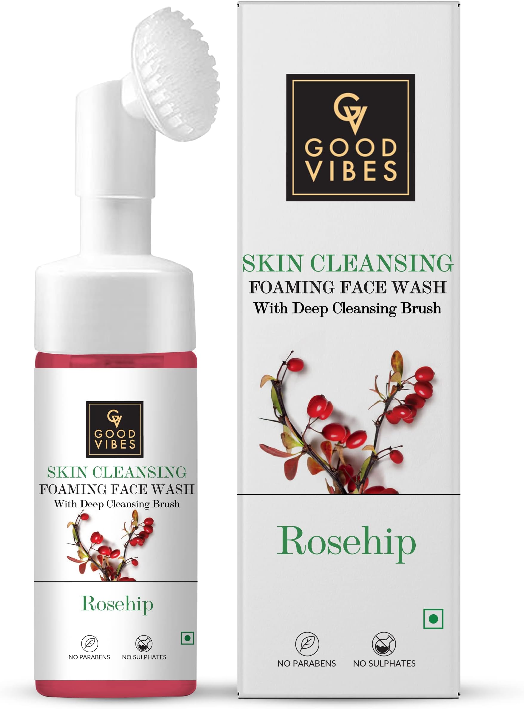 Good Vibes Rosehip Skin Clearing Foaming Face Wash With Deep Cleansing Brush, 150 ml | Rejuvenating Moisturizing Face Cleanser For All Skin Types | No Parabens, Sulphates & Mineral Oil