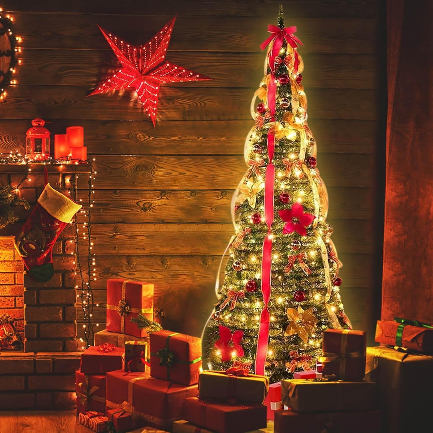 Genérico Árbol de Navidad Plegable, Árbol de Navidad Totalmente Decorado con Luces, Adornos de Cinta y Lazo para Decoraciones de Fiesta de Navidad