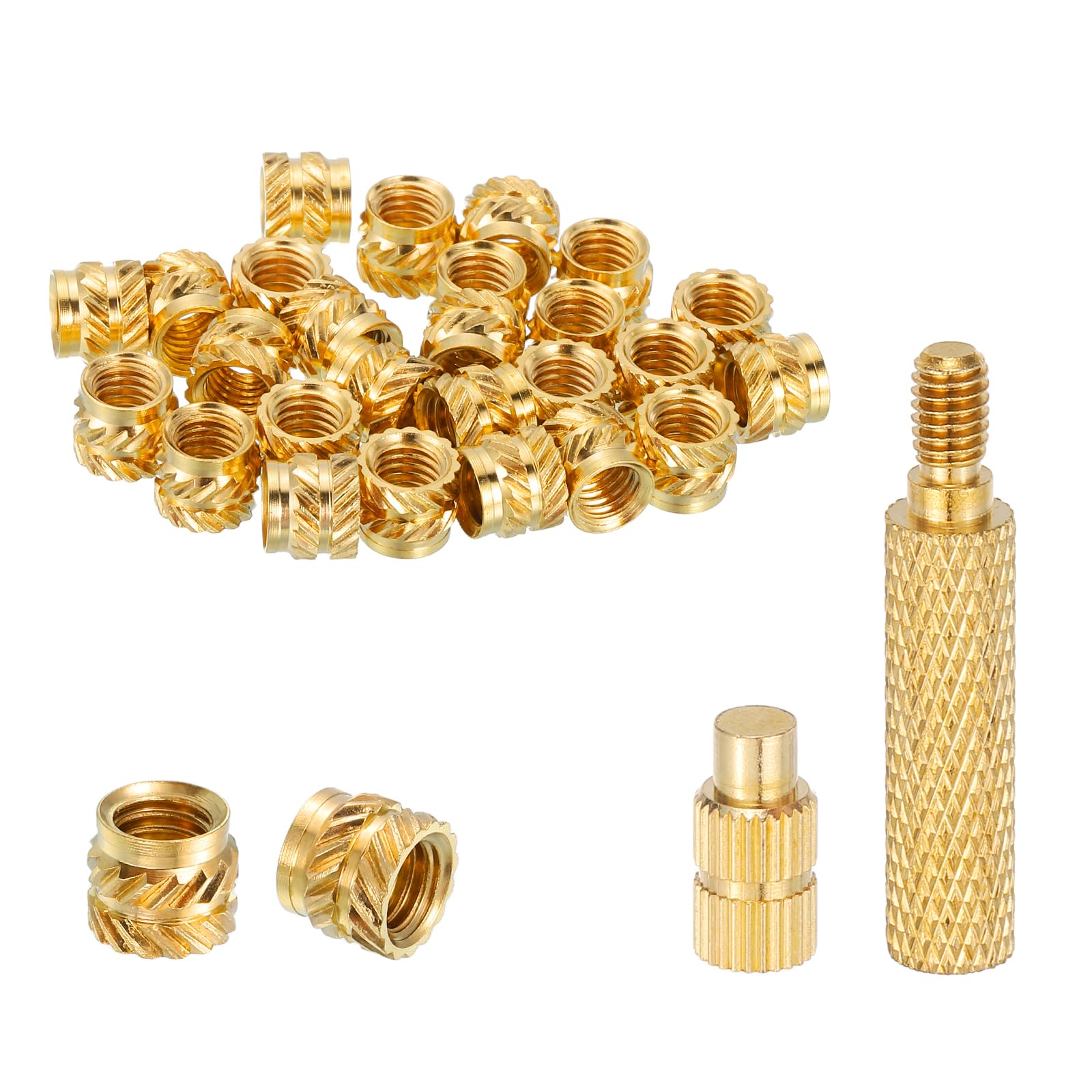 sourcing map 40 Pcs Threaded Inserts with Soldering Iron Tip Press Tool, M5 x 6mm H x 7mm OD Brass Metric Knurled Nuts Heat Set Inserts Embedment Nut for 3D Printing Plastic Parts