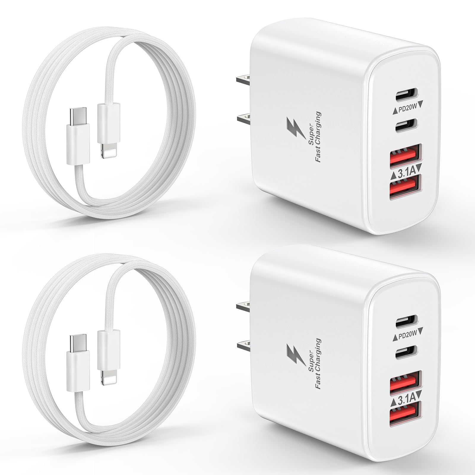 iPhone Charger Fast Charging, 2 Pack 40W 4-Port USB C Wall Charger Block with 2 Pack 6FT Long USB C to Lightning Cable for iPhone 14/13/12/11/Pro/Pro Max/Mini/Xs Max/XR/X, iPad