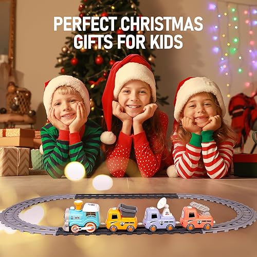 Miniatura 6 de Juego de tren para niños pequeños con humo, música y luces - Juego de tren de vapor eléctrico magnético Choo Choo con pistas de camión para niños