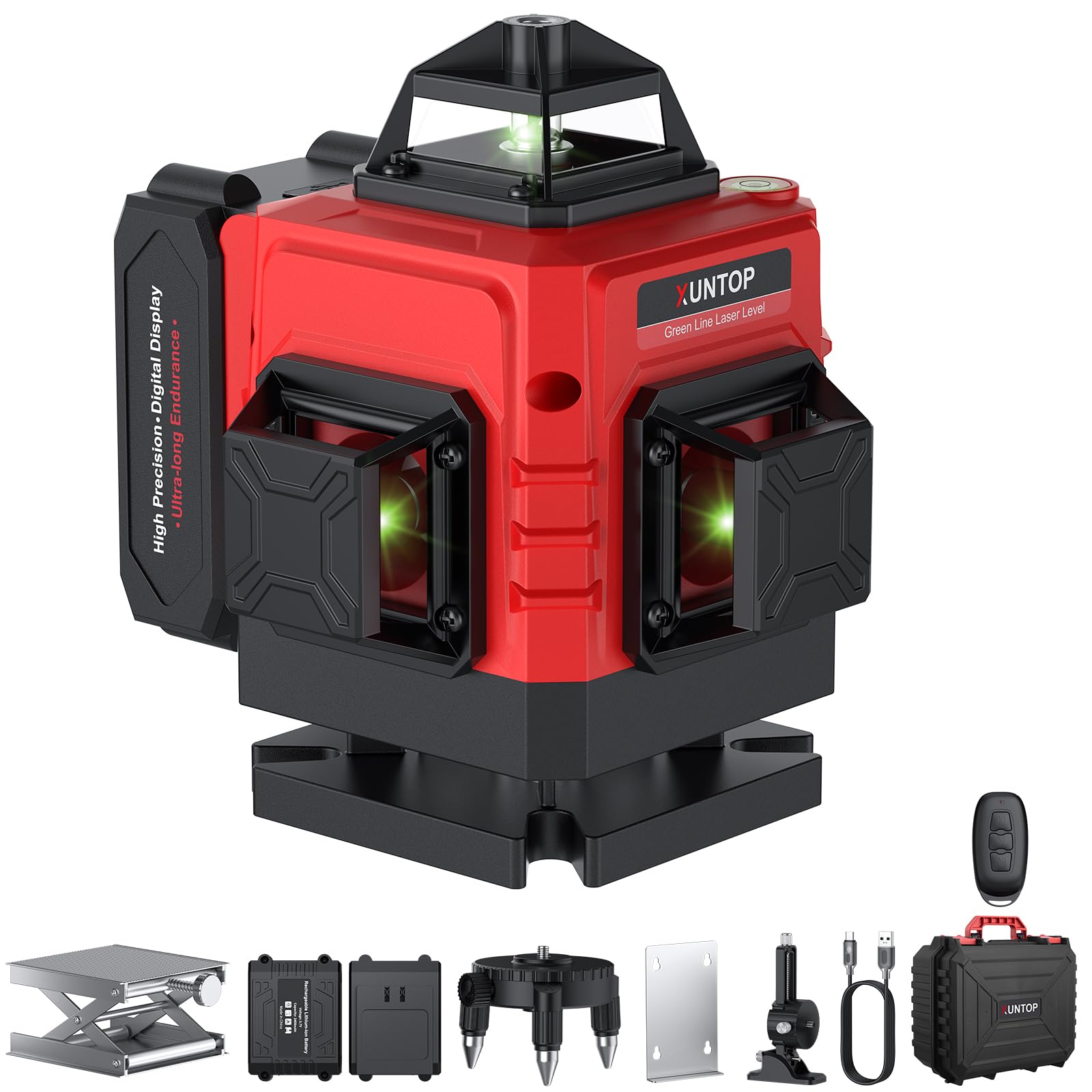 XUNTOP Laser Wasserwaage Selbstnivellierend Kreuzlinienlaser Grün Laser 16 Linienlaser 360° Projektionswinkel IP54 Horizontal/Vertikal Mit Fernbedienung und Wandhalterung für Baustelle Heimwerker