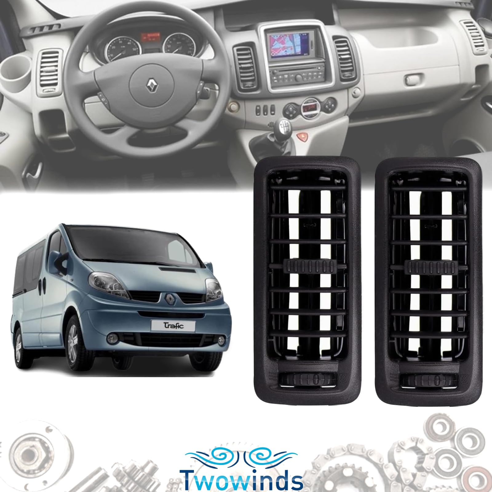 Twowinds - Bocchetta Ventilazione 7701054458 Compatibile con Renault Trafic 2, Opel Vivaro A, Nissan Primastar (2002-2014) - Console Centrale - Griglia Diffusore Aria Riscaldamento (2 pezzi)