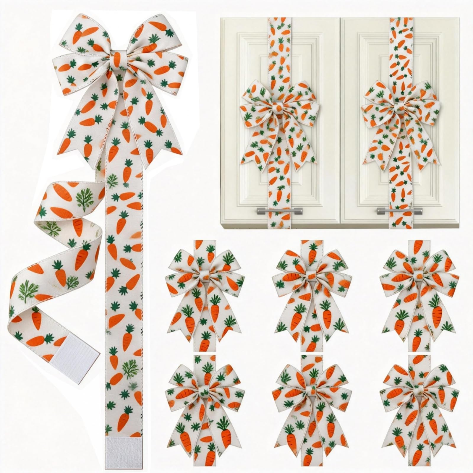 6Pcs Easter Cabinet Ribbon Bows for Window Front Door Kitchen Home Decor Spring Bunny Day Party Supplies 2026 Easter Decorations (Easter White Carrots, 6 Pcs)