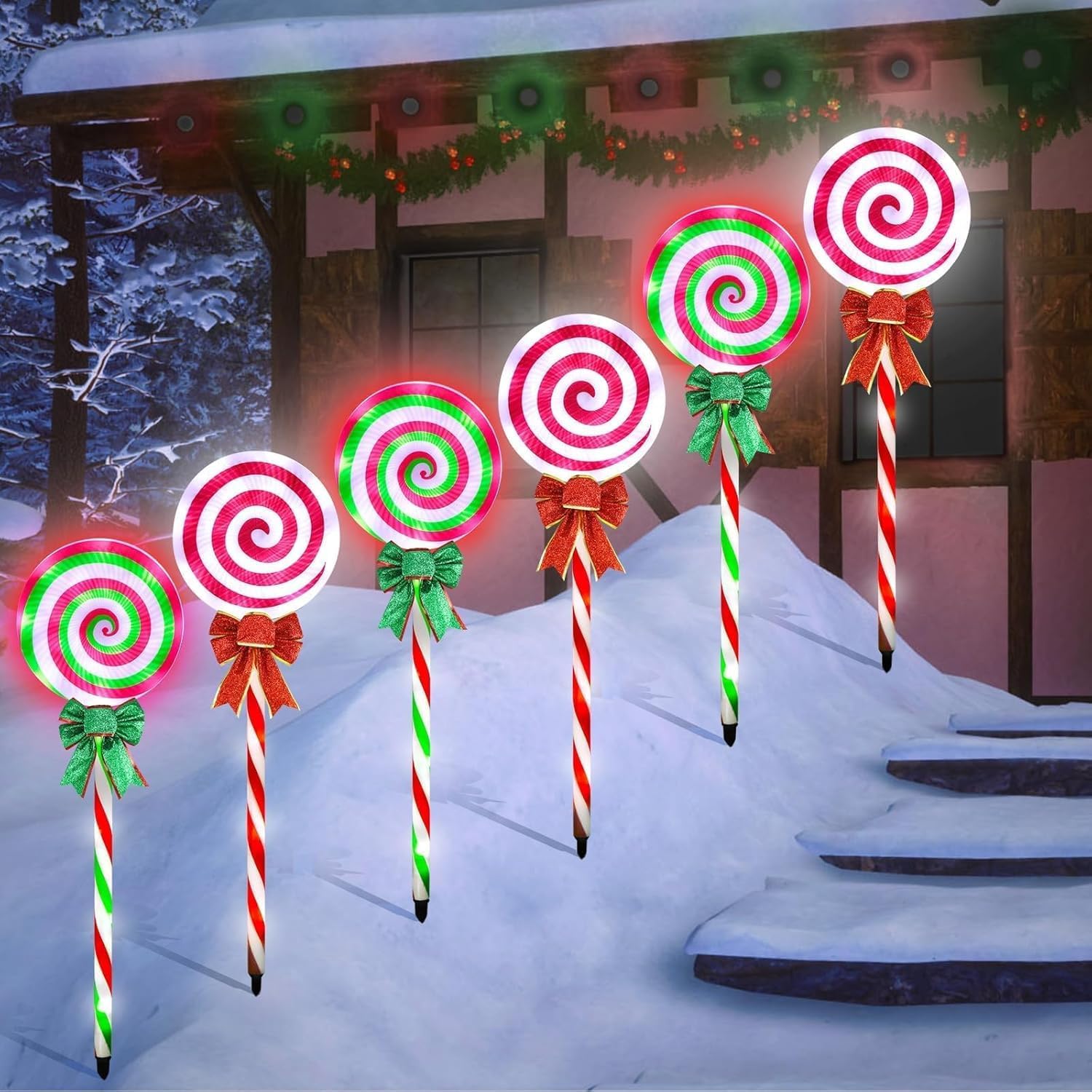 6 PCS Christmas Pathway Lights Outdoor Decorations, 28 Inch Lollipop Walkway Stake 8 Lighting Modes Flickering Candy Marker Waterproof Outside Christmas Decor for Garden Yard Lawn (Red Green)