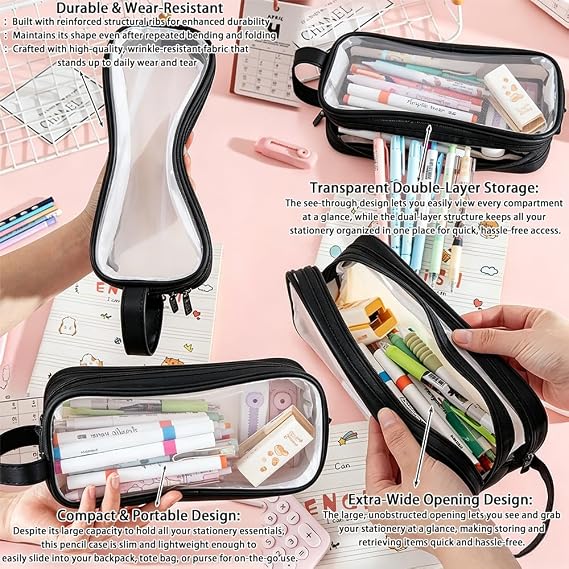 Pencil Case, Large Capacity Clear Transparent Mesh Pencil Pouch with Zipper, Dual 2 Compartments Portable Multifunctional Stationery Makeup Bag for Exam School Office Boys Girls Students