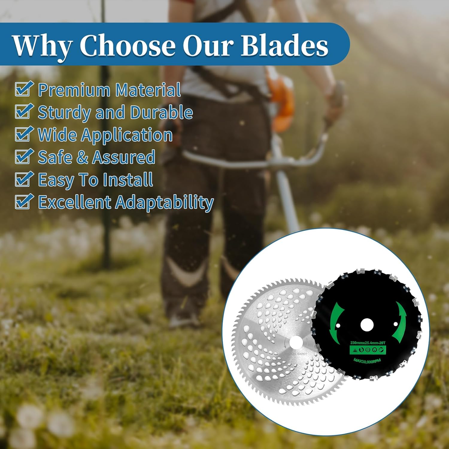9” x 20T Chainsaw Tooth Brush Cutter Blades, 10" x 80 Teeth Carbide Weed Trimmer Eater Saw Blade with Universal Adapter Kits, 4 Washers for Brush Cutters, String Trimmers, and Weed Wreckers 2P