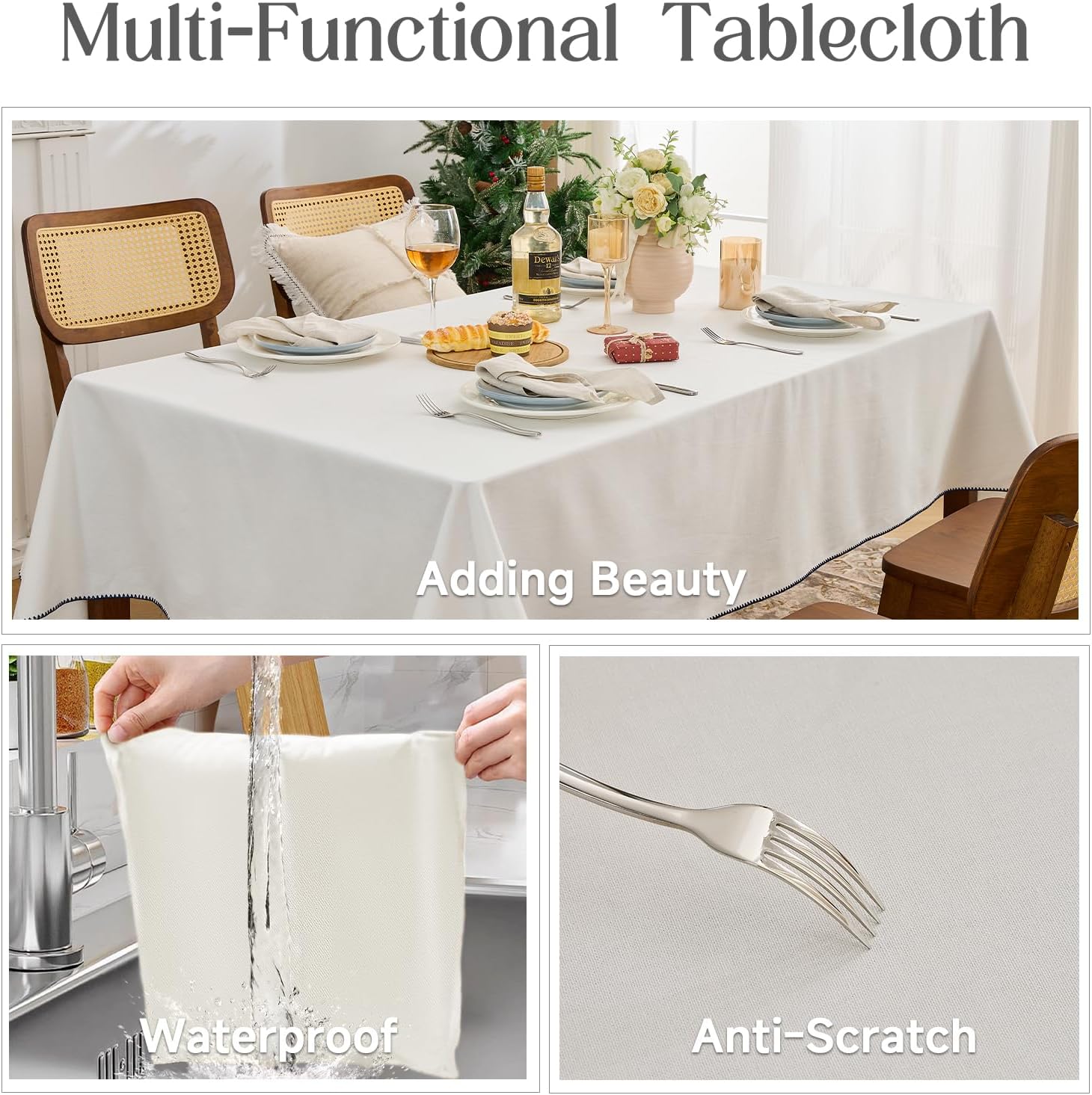 Simple&Opulence 100% Cotton Rectangle Tablecloth 58x120, 8Ft Knitted Textured Canvas Waterproof Washable Table Cloth, Farmhouse Dining Tabletop for Kitchen, Wedding Party, Outdoor, 10-12 Seats(White)