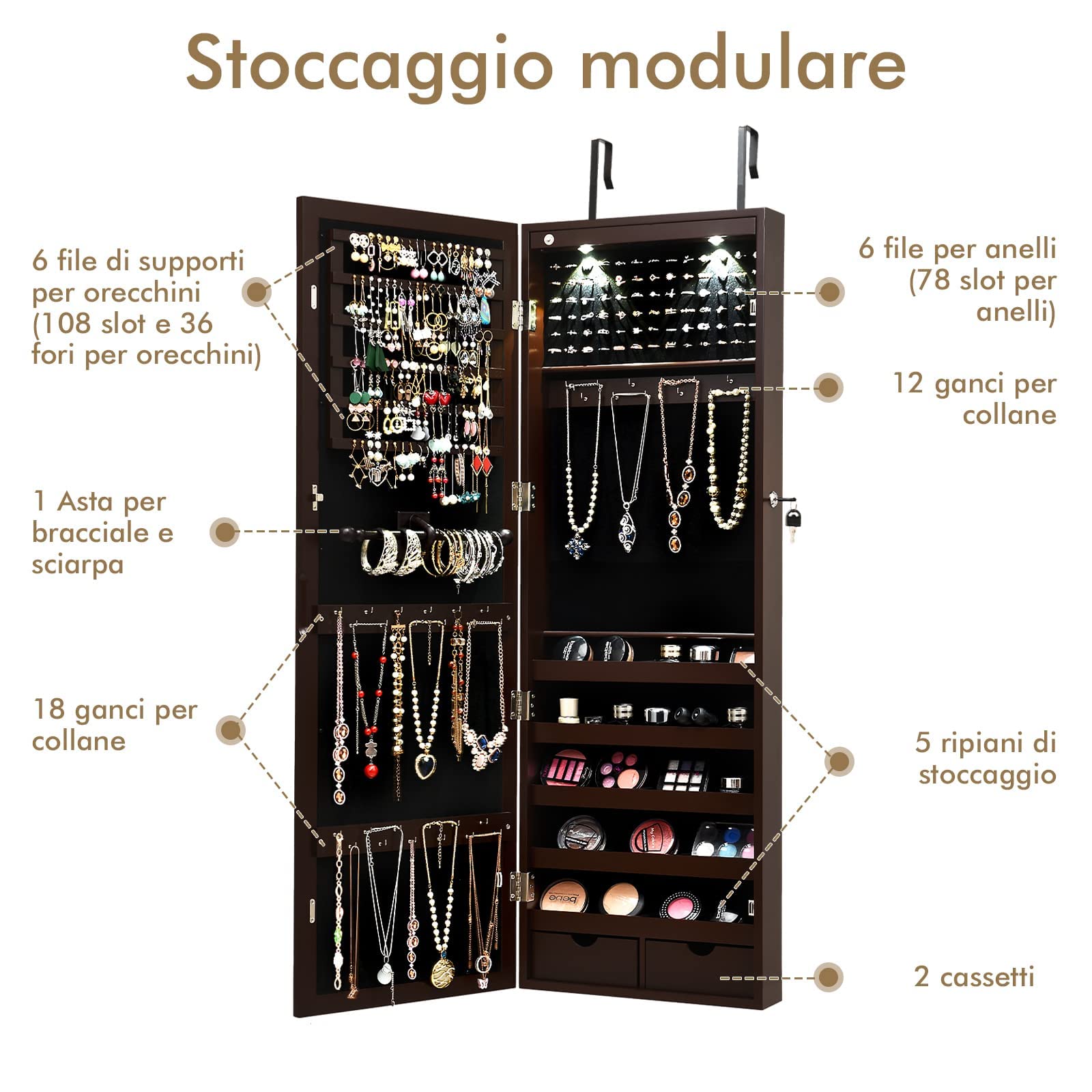 GYMAX Armadietto Portagioie con Specchio, Specchiera Portagioielli Sospesa, con 2 Luci a LED, Ampio Spazio di Archiviazione, di Legno, 123,5x37x9,5 cm (Marrone)