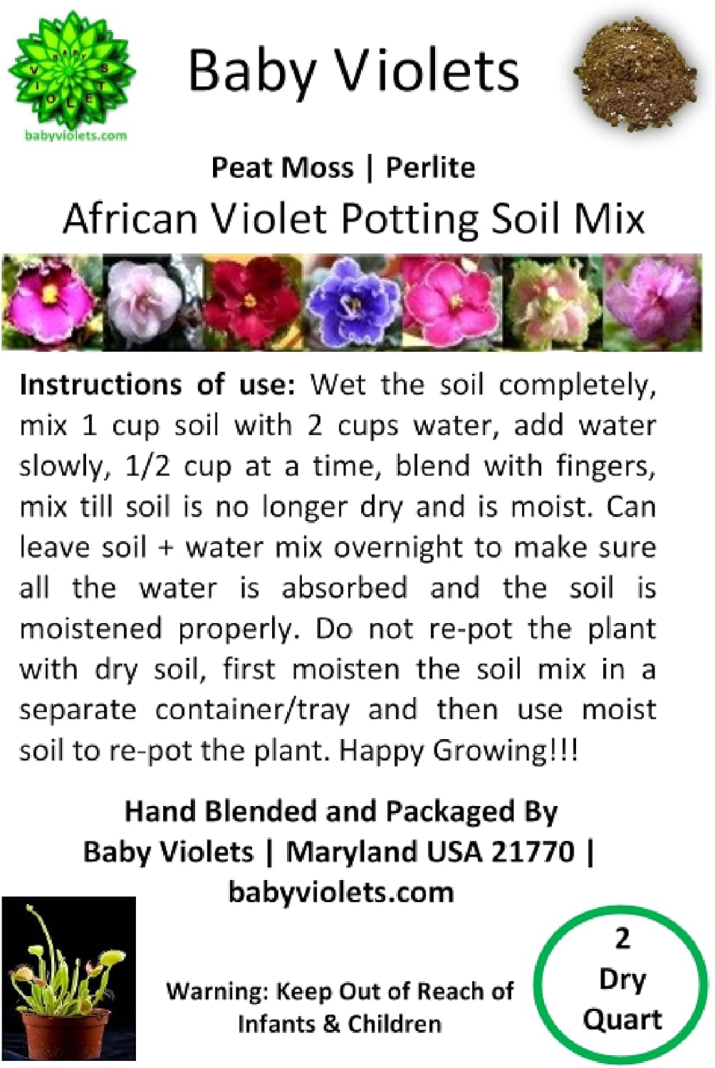 African Violet Plant Potting Soil Mix Peat Moss & Perlite (½ Gallon / 2 quarts) (Pack of 2)