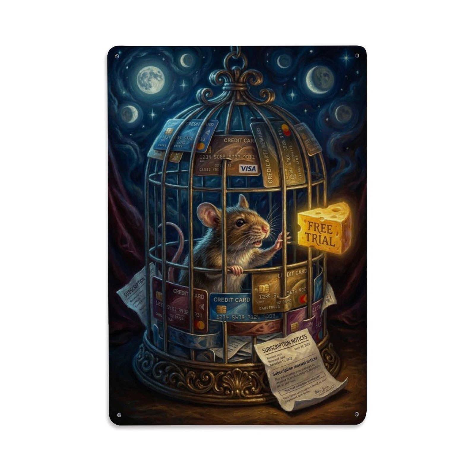 Hamster Subscription Trap Cage Surreal Vintage Animal Wildlife Metal Tin Sign Plaque Wall Decor for Cafe, Man Cave, Club Bar, Office, Home Garden Round Metal Poster 8x12Inch