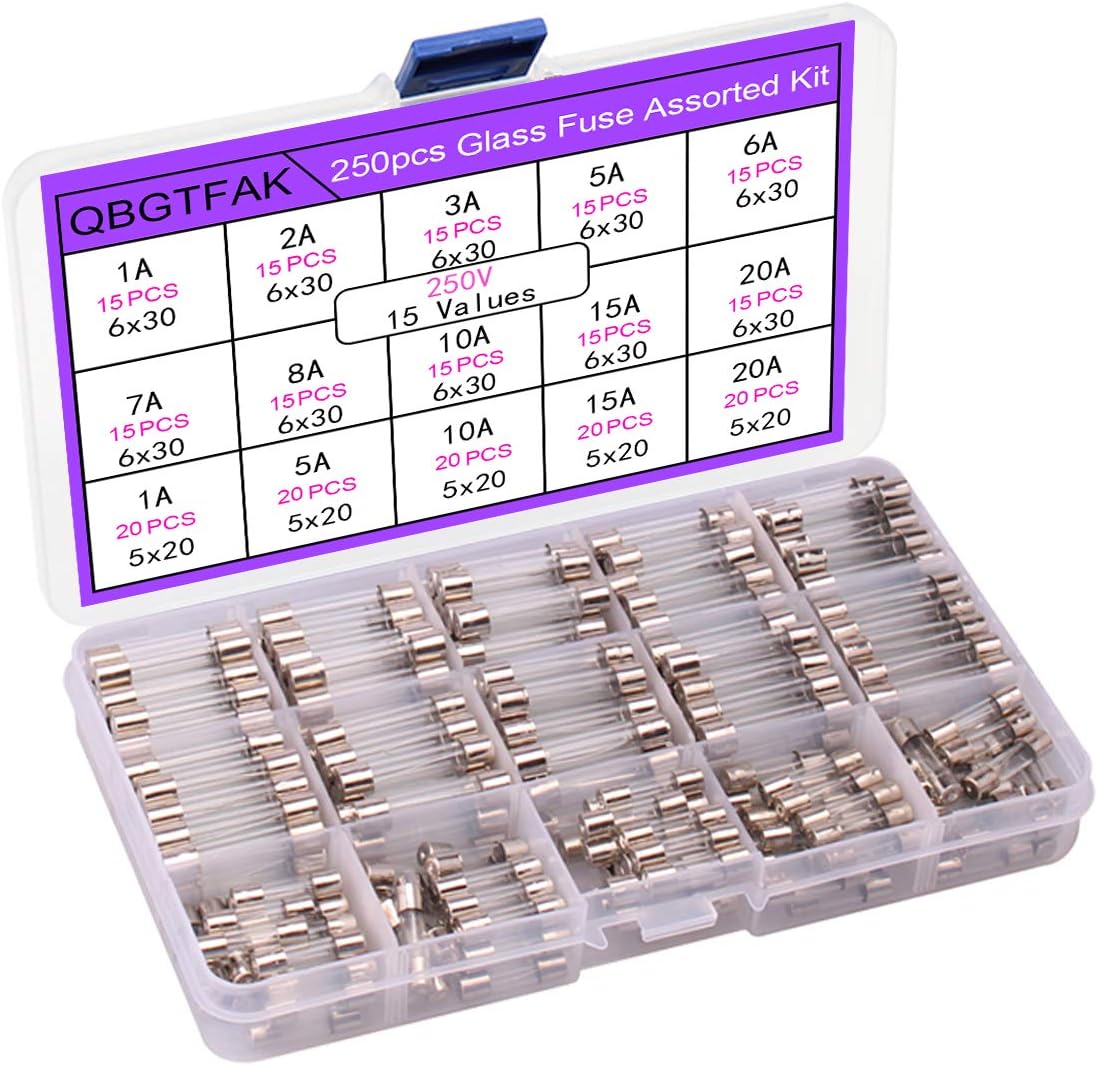 15 Values 250 pcs Fast-Blow Glass Fuses Assortment Kit 6x30mm 250V 1A, 2A, 3A, 5A, 6A, 7A, 8A, 10A, 15A,20A, 5x20mm, 250V 1A, 5A, 10A, 15A, 20A amp packag in a Clear Plastic Box