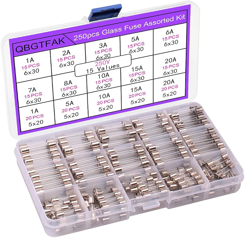 15 Values 250 pcs Fast-Blow Glass Fuses Assortment Kit 6x30mm 250V 1A, 2A, 3A, 5A, 6A, 7A, 8A, 10A, 15A,20A, 5x20mm, 250V 1A, 5A, 10A, 15A, 20A amp packag in a Clear Plastic Box