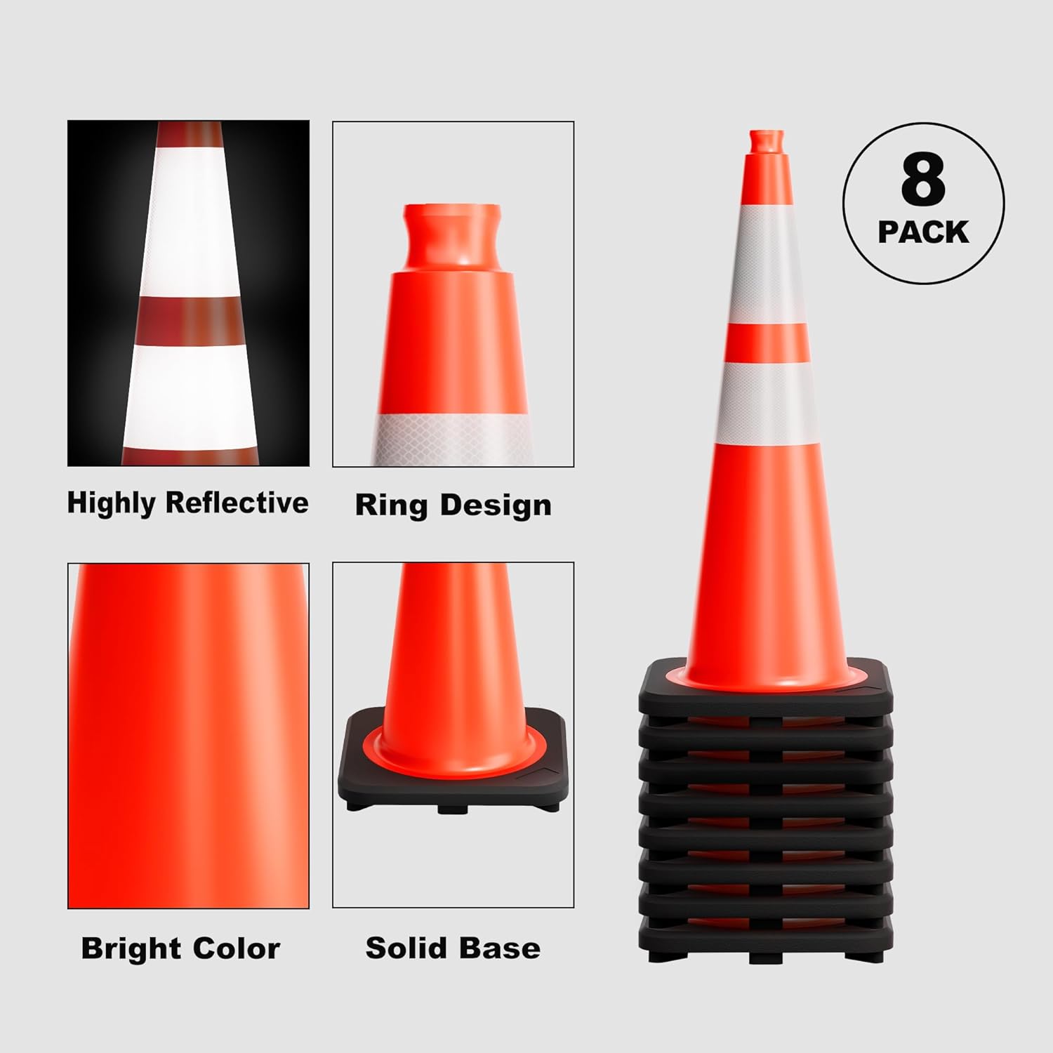 Traffic Cones 28 Inch Orange Cones 8 Pack with Heavy Duty Black Base - Safety Cones with Reflective Collars for Driveway Road Safety, Traffic Control, Parking Lot (28inch, 8 Pack)