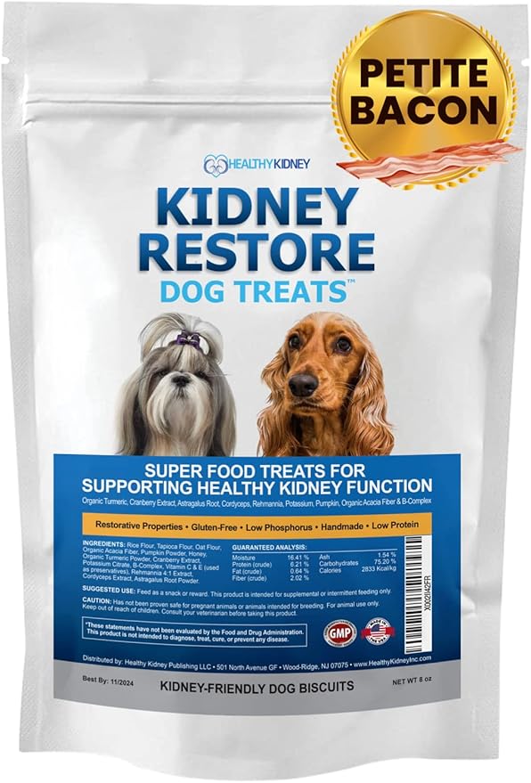 Kidney Restore Bacon Dog Treats 8oz for Petite Dogs. Low