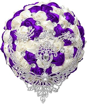 Sharebeauty 9.4 Inch Handmade Satin Rose Bridal Bouquet Toss Round Wedding Bouquet Throw Toss Artificial Flower Bunch Purple + Ivory