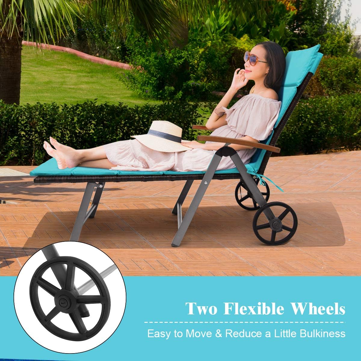 COSTWAY Folding Rattan Lounge with Wheels, Aluminum Patio Lounger with 7 Adjustable Positions, Soft Cushion, Ideal for Outdoor Use (Turquoise)