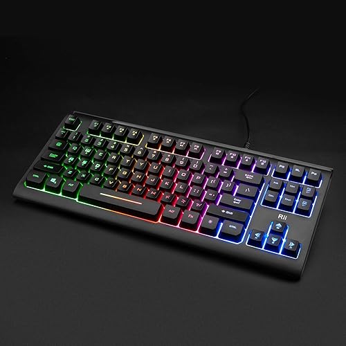 Miniatura 8 de Rii Teclado de computadora, teclado compacto USB con cable con retroiluminación RGB, pulsación de teclado silenciosa para oficina en casa, trabajo o