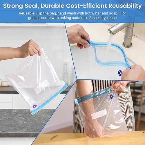 Miniatura 4 de BLITZHOME Bolsas selladoras al vacío para alimentos, 3 tamaños, paquete de 30 con bomba de vacío, 15 bolsas reutilizables para Sous Vide, 5 válvulas