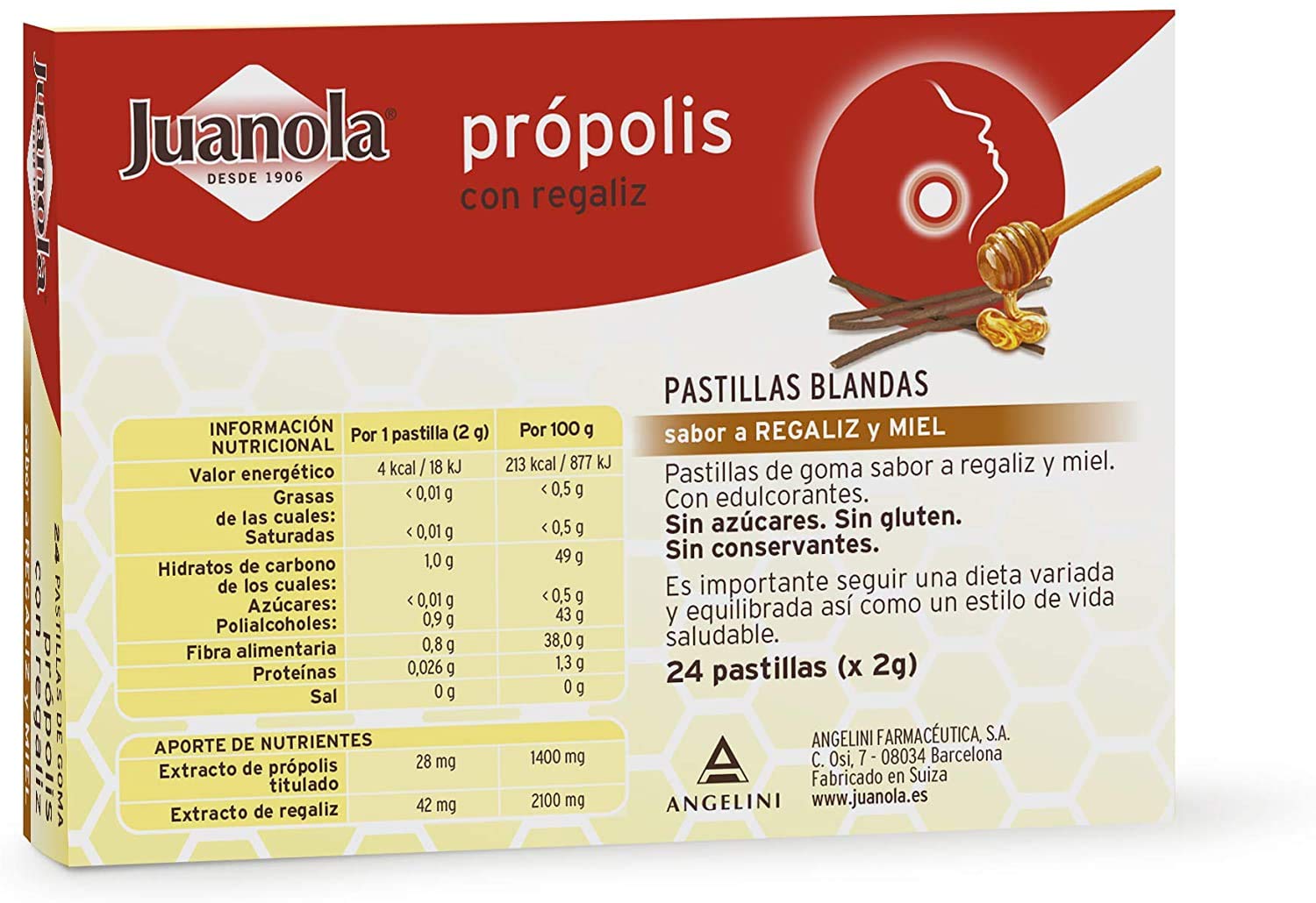 JUANOLA Própolis Sabor Regaliz y Miel - 24 pastillas blandas - Ayudan a suavizar la garganta de forma natural. Producto alimenticio con Própolis y Regaliz.