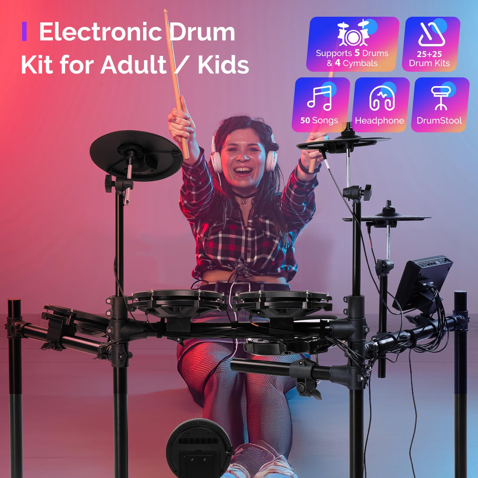 GLARRY 10" Dual Zone Snare Electric Drum Set, 5 Pads, 3 Cymbals Full Size Adult Drum Set, 30 Kits and 450 Authentic Sounds,TFT Color Display, USB MID