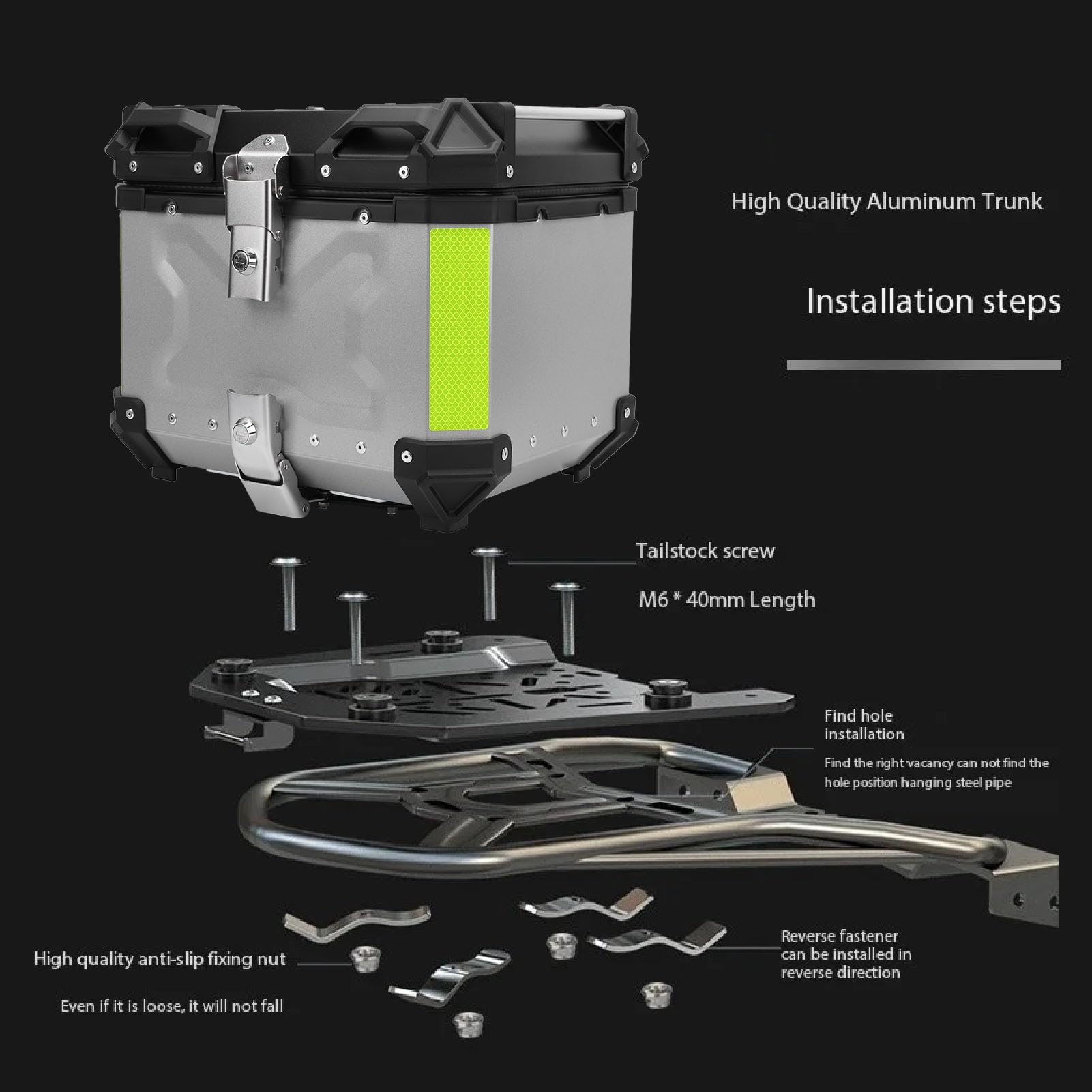 WINH Tylna Nośnik Magazynowy Motocykla, Refleksyjne Wyrównanie Paska 36L Aluminium Stopu (SILVER)