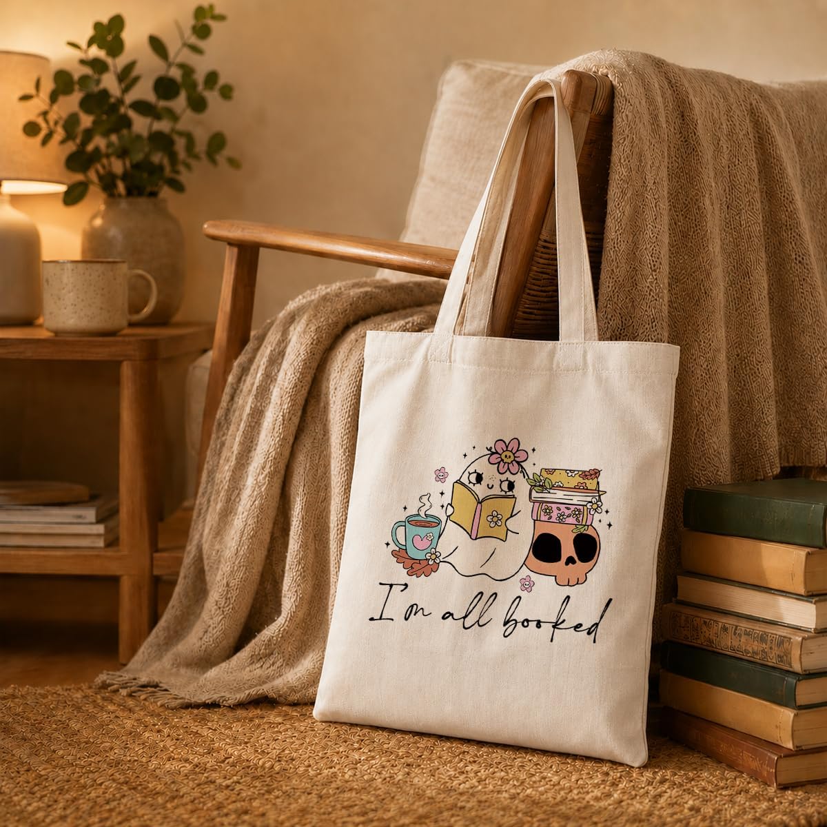 Book Lover Tote Bag for Women, I'm All Booked Canvas Shoulder Bag, Cute Reading Gift for Readers Librarians, Reusable Shopping Carryall for Library Work Travel image 3