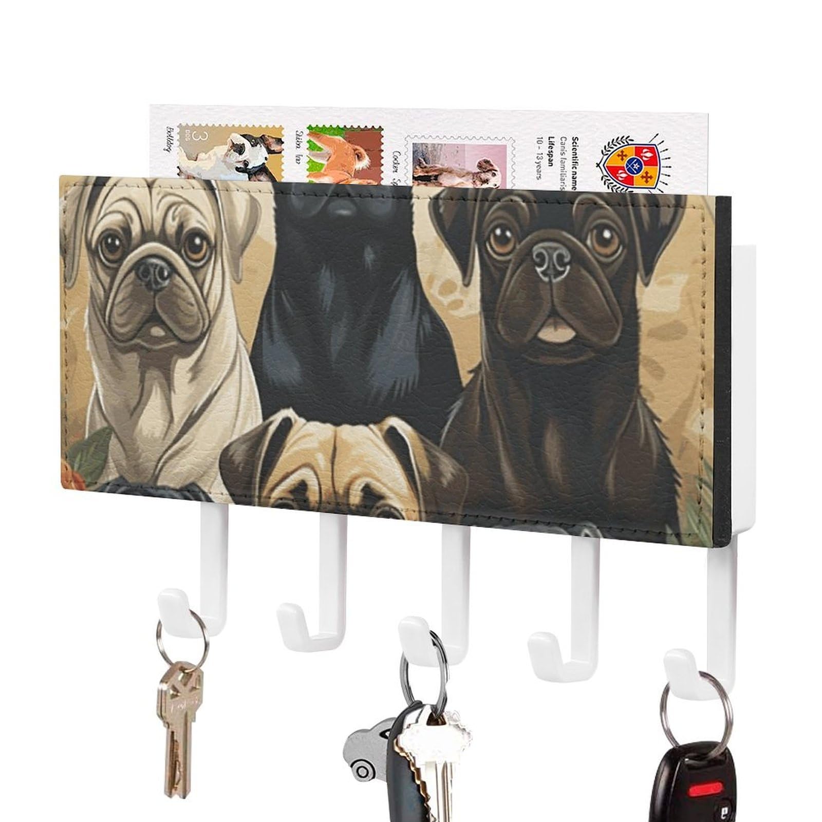 DWVTSLH Pug Key Holder for Wall, Decorative Key Hooks with Mail Organizer & 5 Hooks, Self Adhesive Leather Key Hanger for Entryway, Wall Mounted Key Rack (7.1” X 4.3” X 0.9”)