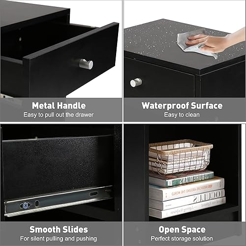 Miniatura 4 de Juego de 2 mesitas de noche pequeñas, color negro, mesa auxiliar con cajones, estilo moderno, 16 pulgadas