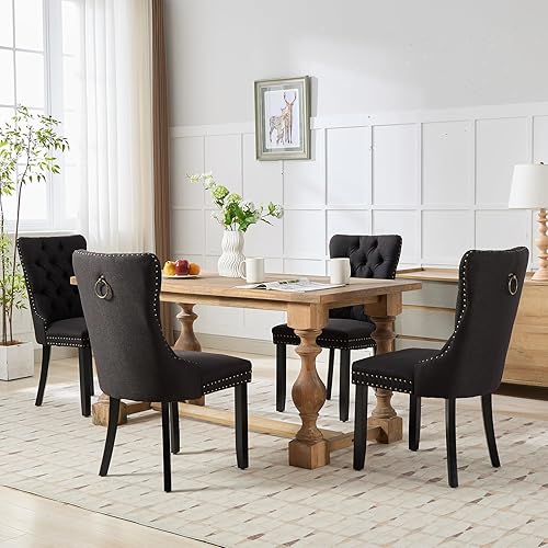 Miniatura 2 de Juego de 4 sillas de comedor tapizadas de lino, sillas de comedor modernas de mediados de siglo, sillas de cocina y comedor con patas de madera