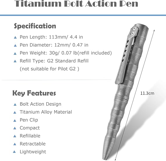 Hamans Titanium Bolt Action Pen 4.4'' Ballpoint Ink Pen with Pocket Clip Refillable Writing Pen for Outdoor, Working, Writing