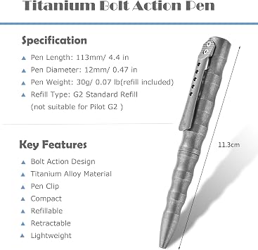 Hamans Titanium Bolt Action Pen 4.4'' Ballpoint Ink Pen with Pocket Clip Refillable Writing Pen for Outdoor, Working, Writing