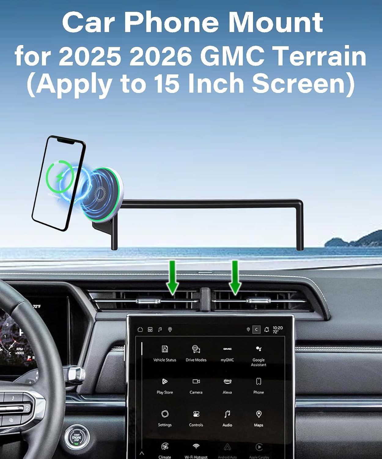 Car Phone Holder for 2025 2026 GMC Terrain Accessories 15W MagSafe Fast Wireless Charger Cell Phone Mount Apply to 15 Inch Touch Screen Fixed Clip 360° Rotation