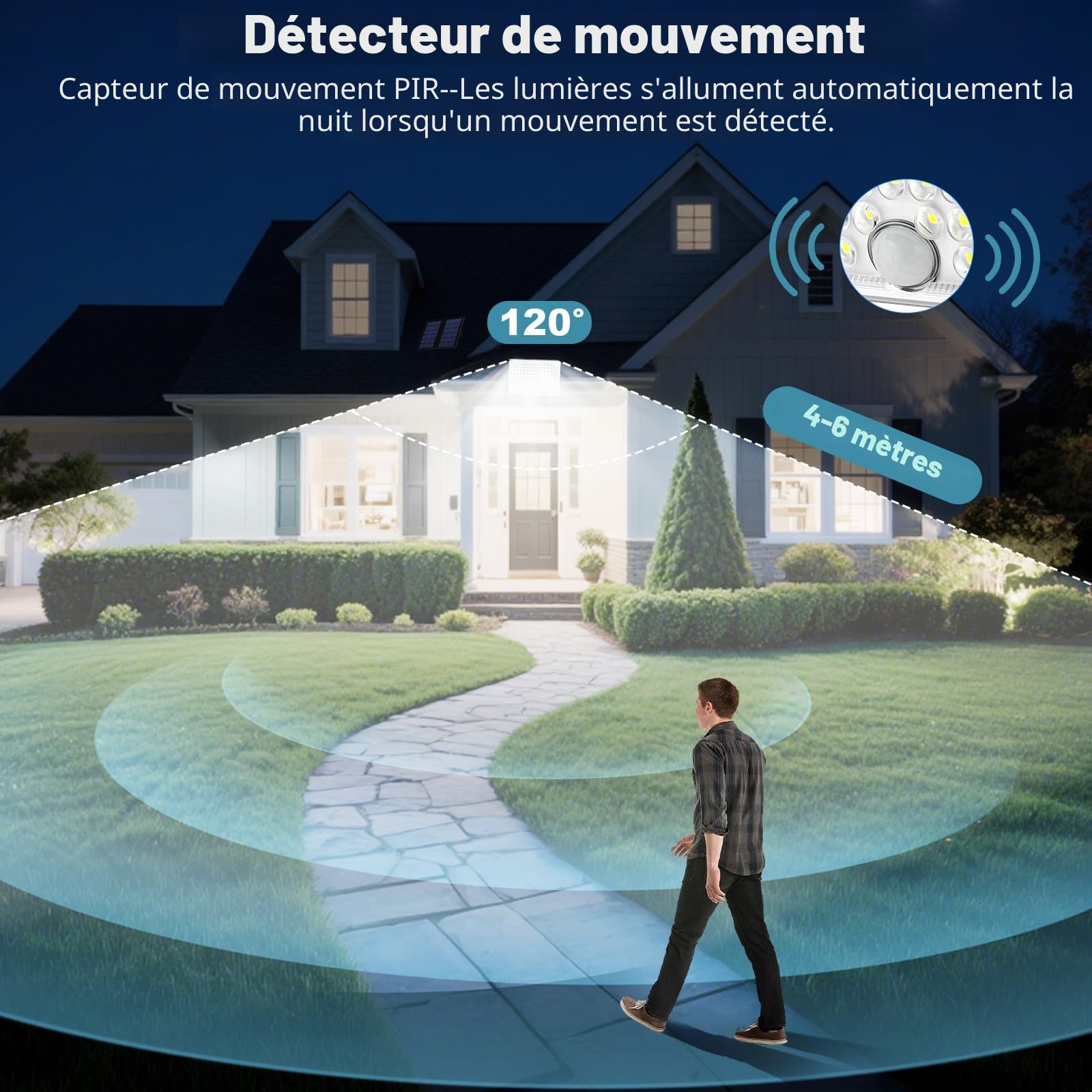 Lampe Solaire Exterieur Detecteur de Mouvement,113 LED 2000 mAh 4 Modes IP65 Étanche Lumiere Solaire Exterieur,Spot Led Extérieur pour Jardin Garage avec Câble de 5M,2 Pièces