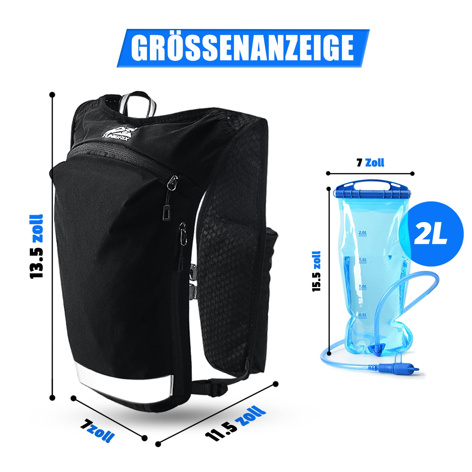 Laufweste für Damen und Herren, Trinkweste Laufen mit Trinkblase 2 L & Handytasche, Verstellbarer Brustgurt, mit reflektierenden Streifen für Trailrunning wandern Marathon Laufen joggen, Schwarz