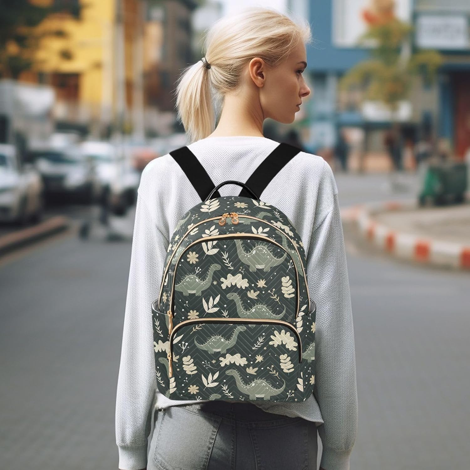Dinosaur Flowers Blossom Backpack Purse for Women Shoulder Bag Fashion Daypack Ladies Handbag Lightweight Travel Bag Rucksack