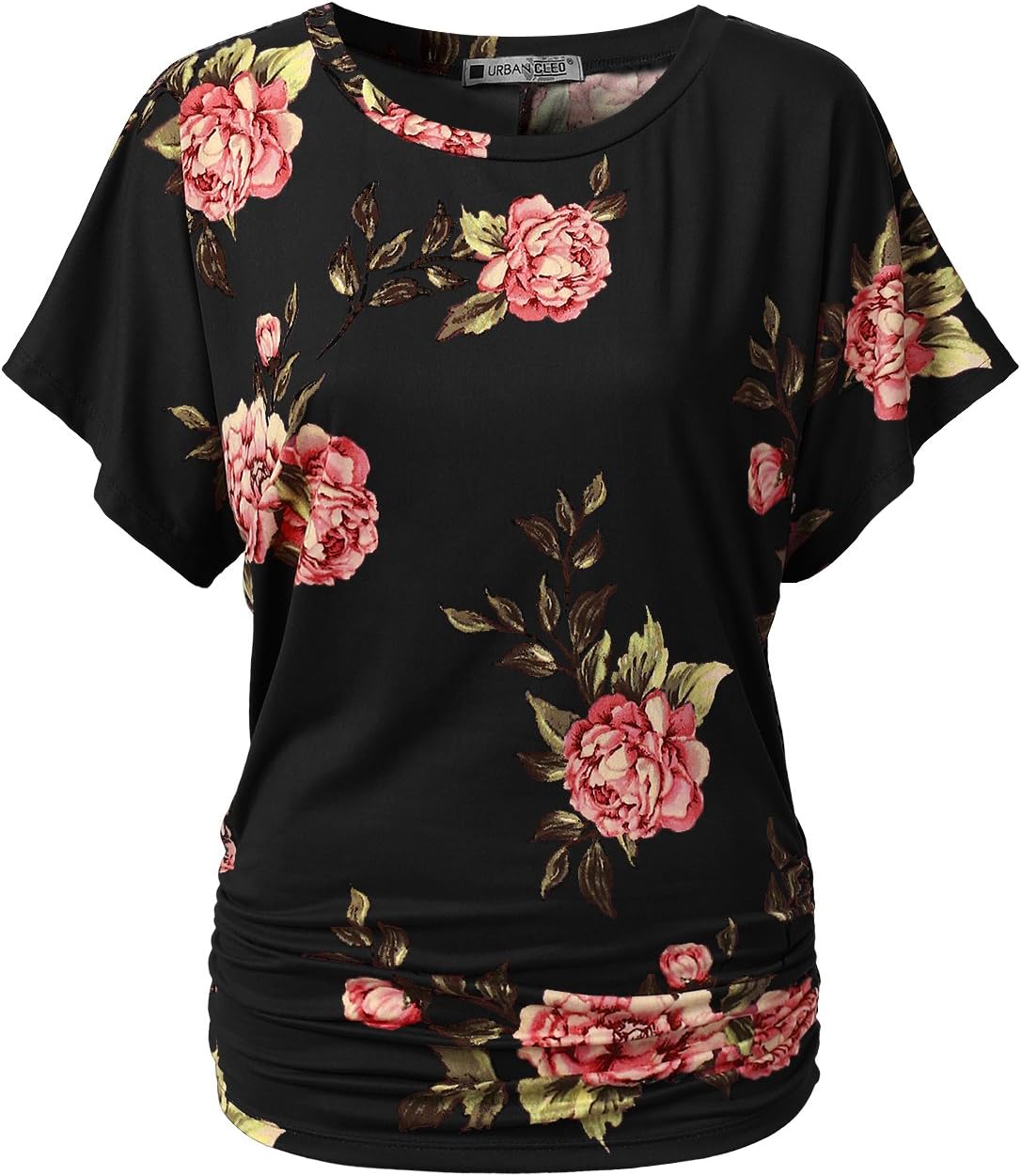 Womens Boat Neck Rose Floral Dolman Top Shirts Black, S